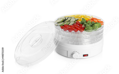 Modern dehydrator machine with different vegetables on white background photo