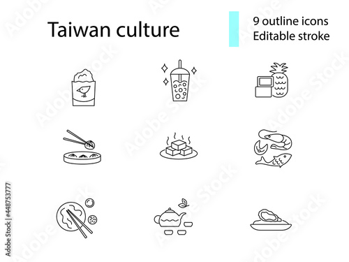 Taiwanes national food outline icons set. Taiwanese bubble milk tea. Editable stroke. Isolated vector stock illustration