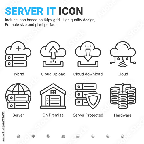 Server IT and technology icon set. Editable stroke. With line style on isolated white background. Server IT icon set contains such icons as cloud, hybrid, server, hardware, on premise and other