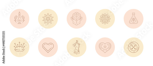 Set of icons and emblems for social media stories highlight covers in linear style vector illustration.