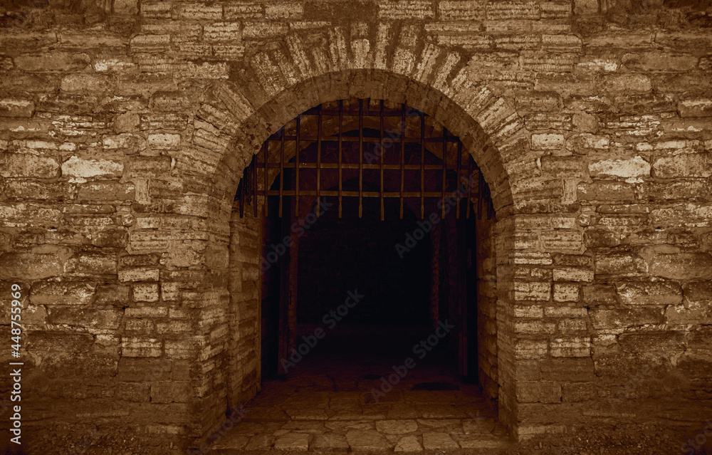 Ancient castle palace. Castle wall tower and door gate. Castles walls