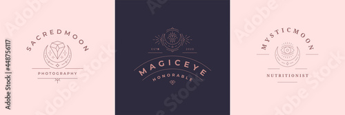 Esoteric logos emblems design templates set with mystic moon and magic eye vector illustrations minimal linear style.