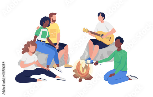 Friends sitting around campfire semi flat color vector characters. Full body people on white. Outdoor recreation isolated modern cartoon style illustration for graphic design and animation