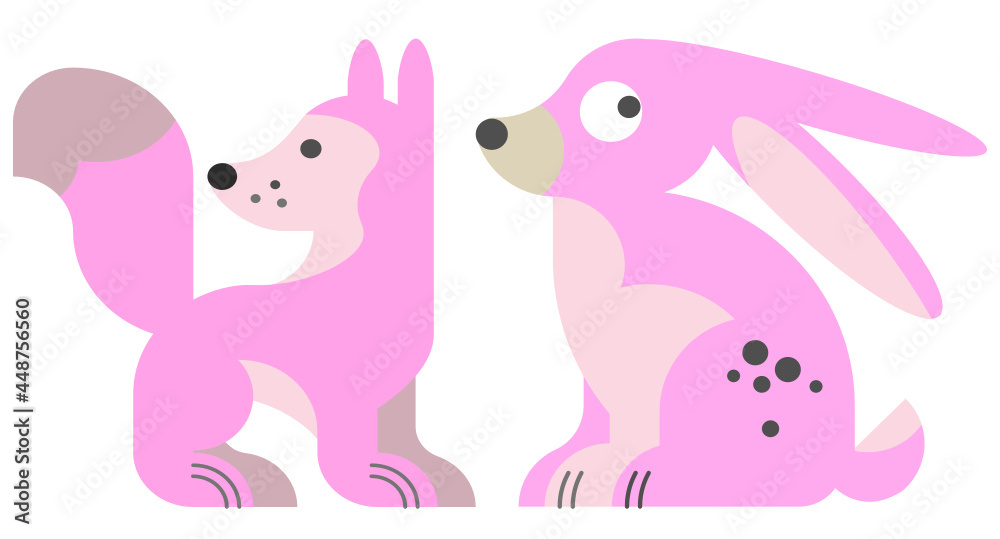 pink dog and rabbit, on white background, cartoon dog and rabbit comic, cute dog and rabbit