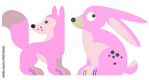 pink dog and rabbit  on white background  cartoon dog and rabbit comic  cute dog and rabbit
