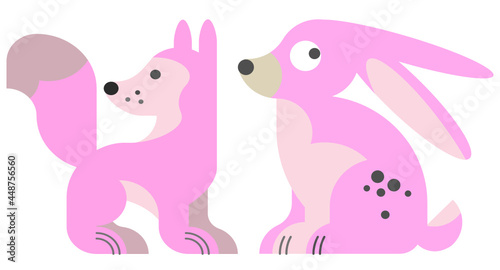 Billede på lærred pink dog and rabbit, on white background, cartoon dog and rabbit comic, cute dog