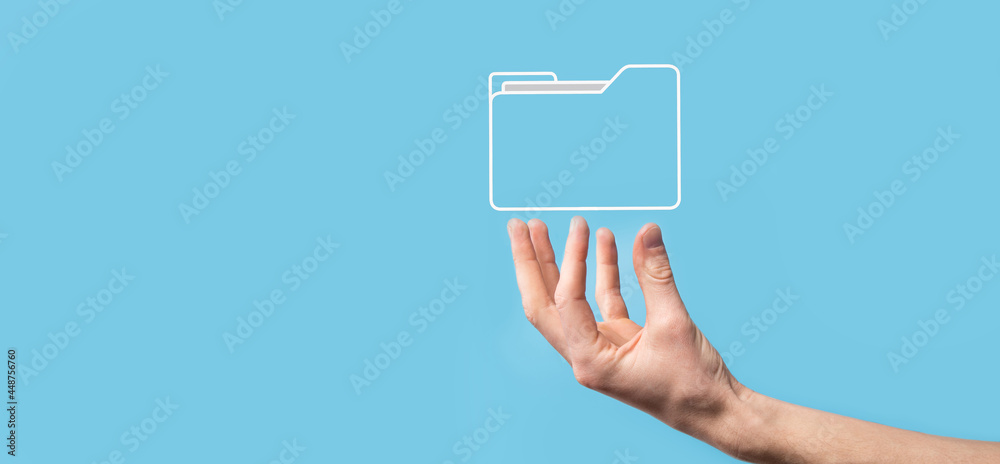 Hand hold folder icon.Document Management System or DMS setup by IT consultant with modern computer are searching managing information and corporate files.Business processing Hand hold folder icon.Document Management System or DMS setup by IT consultant with modern computer are searching managing information and corporate files.Business processing