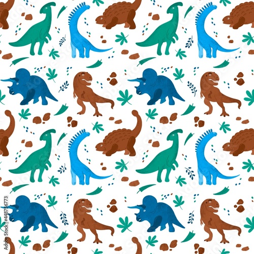 Seamless pattern with dinosaurs: triceratops,tyrannosaurus, diplodocus, talarurus, parasaurus  photo