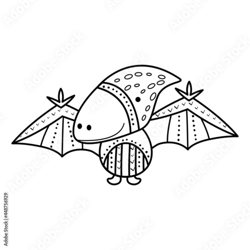 Illustration flying Dinosaur pterodactyl in doodle style. An isolated object on a white background. An animal of the Jurassic period similar to a dragon. Coloring pages for kids activity game