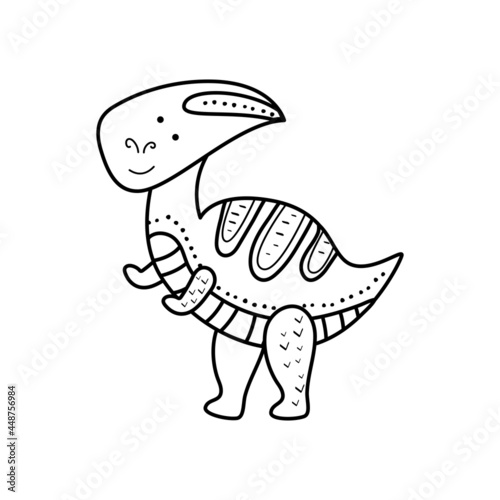 Illustration Dinosaur parasaurolophus doodle style . An isolated object on a white background. An animal of the Jurassic period similar to a dragon Coloring pages for kids activity game