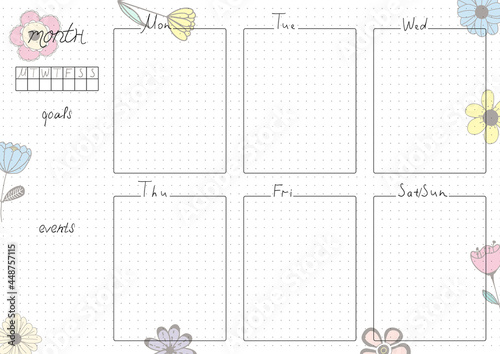 Printable A4 paper sheet, bullet journal page with hand drawn flowers and blank week planner, goals, events. Cute planner for daily planner template, blank for notebook.