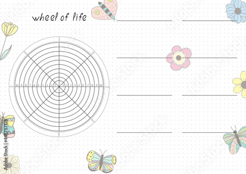 Printable A4 paper sheet with Wheel of Life - diagram with blank lines to fill and hand drawn flowers. Coaching tool for bullet journal page, daily planner template, blank for notebook.