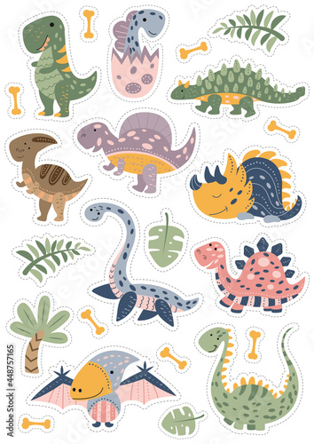 A set of stickers of cute funny dinosaurs in the Scandinavian style. Jurassic animals. printable template for kids labels. Isolated objects on the white background