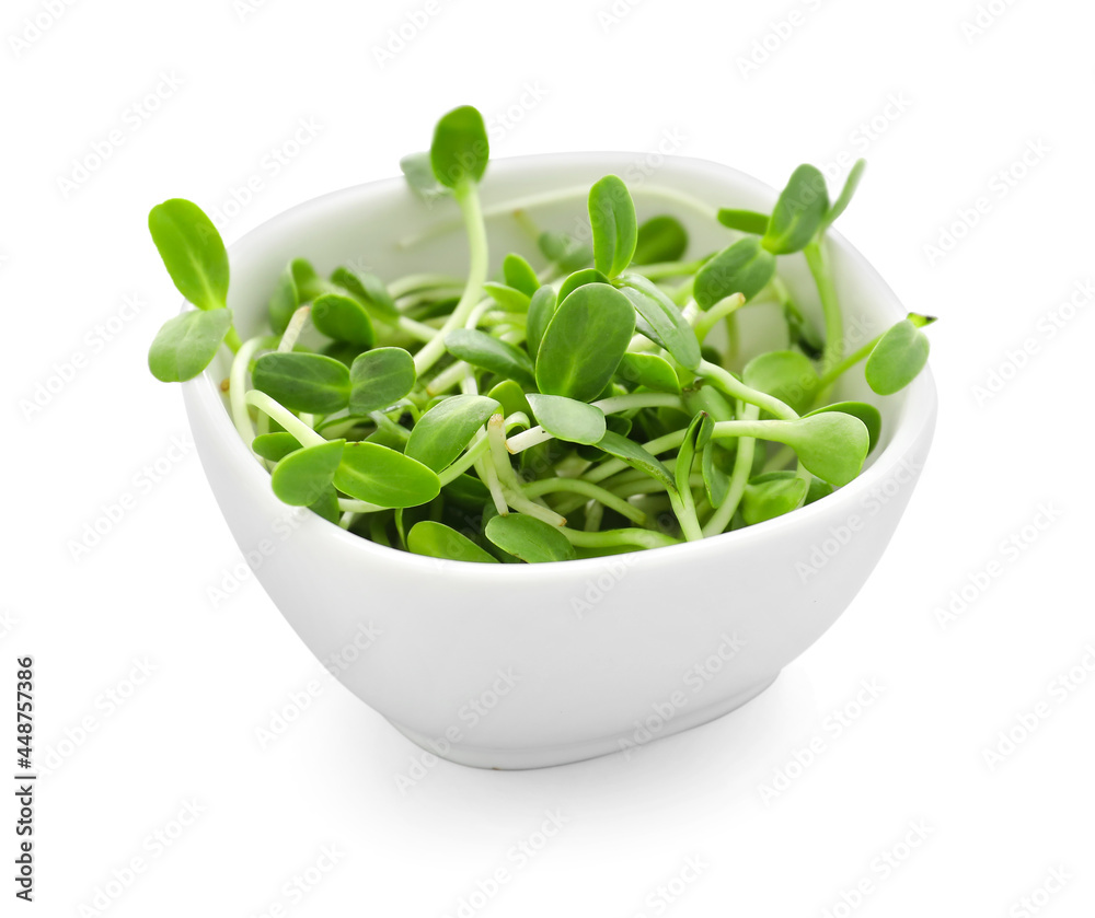 Bowl with fresh micro green on light background