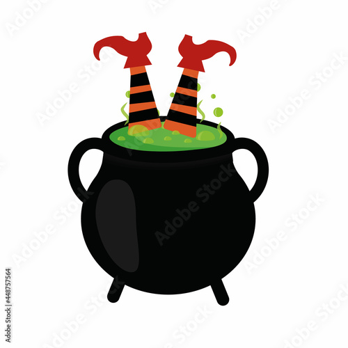 the witch's legs stick out of the cauldron, color isolated vector illustration for the Halloween holiday