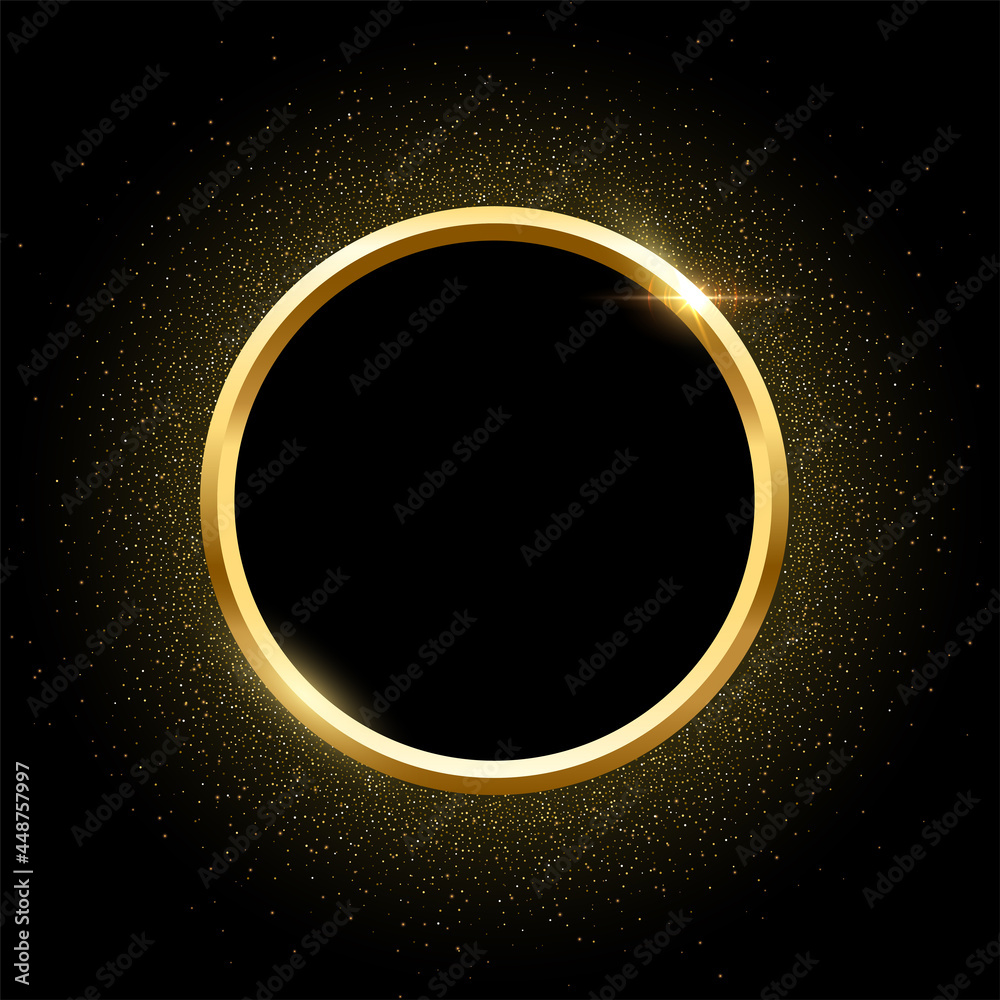 Gold round frame with golden glitter for picture on black background ...