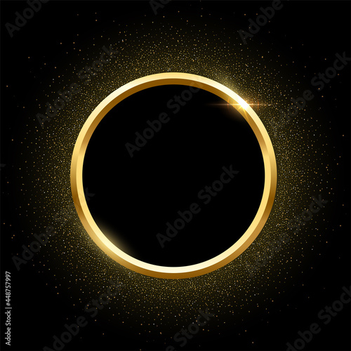 Gold round frame with golden glitter for picture on black background. Blank space for picture, painting, card or photo. 3d realistic modern circle template vector illustration. Simple object mockup