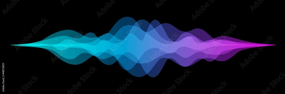 Abstract audio sound wave background. Blue and purple voice or music signal waveform vector illustration. Digital beats of volume color soundwave. Graphic electronic curve shape