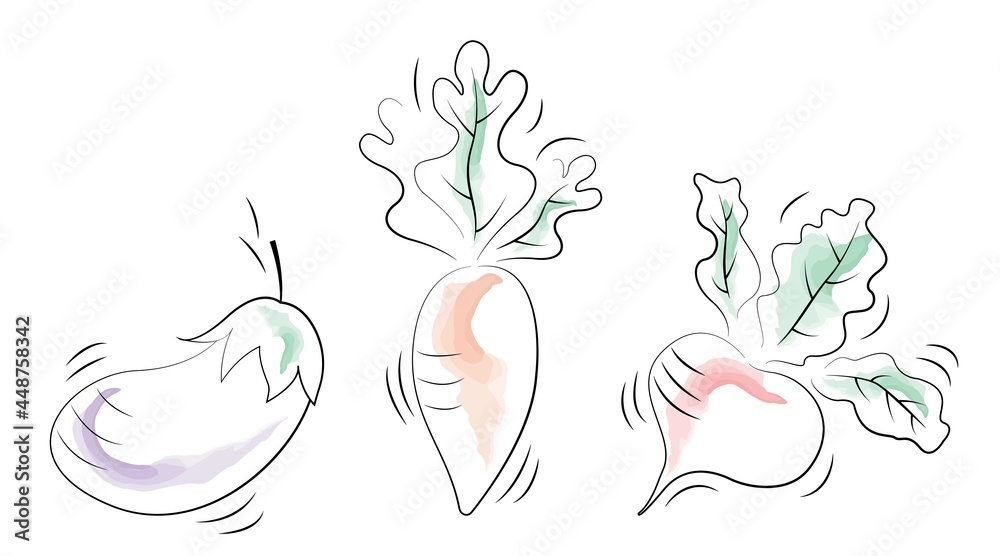 Vector illustration. Doodle veggies illustrations set. Healthy greens food art. Vegetables drawings