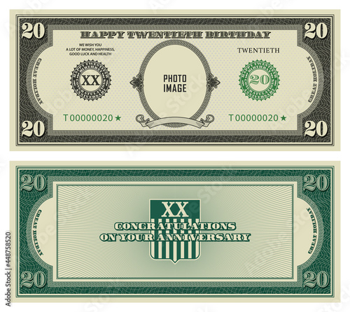 20th birthday, anniversary. Sample of reverse and obverse of paper money in retro style of US dollars. Your photo