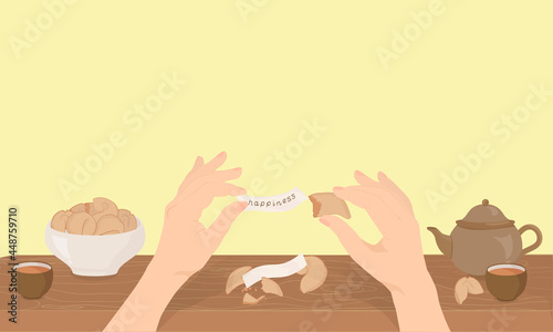 Fortune Chinese  cookies. Paper with wishes  in Woman’s Hands. Crush cookies with  blank  note for wishes. Tea ceremony and crush cookies with  blank  note for wishes. Good for web and print