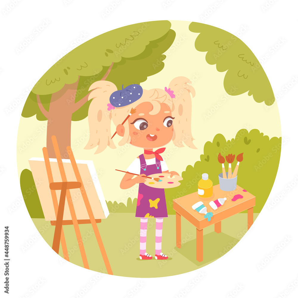 Fototapeta premium Girl artist painting outdoor. Little child drawing picture of flowers on canvas on easel with brushes, watercolours, palette vector illustration. Creating art in summer activity