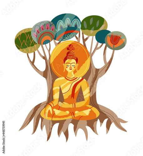 Indian golden Buddha statue on tree in forest. Traditional national spiritual icon vector illustration. Tourism in India religious symbol on white. Man sitting in lotus position meditating