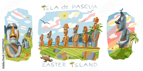 Moai statues in Easter Island set. Famous stone sculptures in Chile vector illustration. Travel and tourism tour with ancient mystery rock figures in South America. Architecture in nature