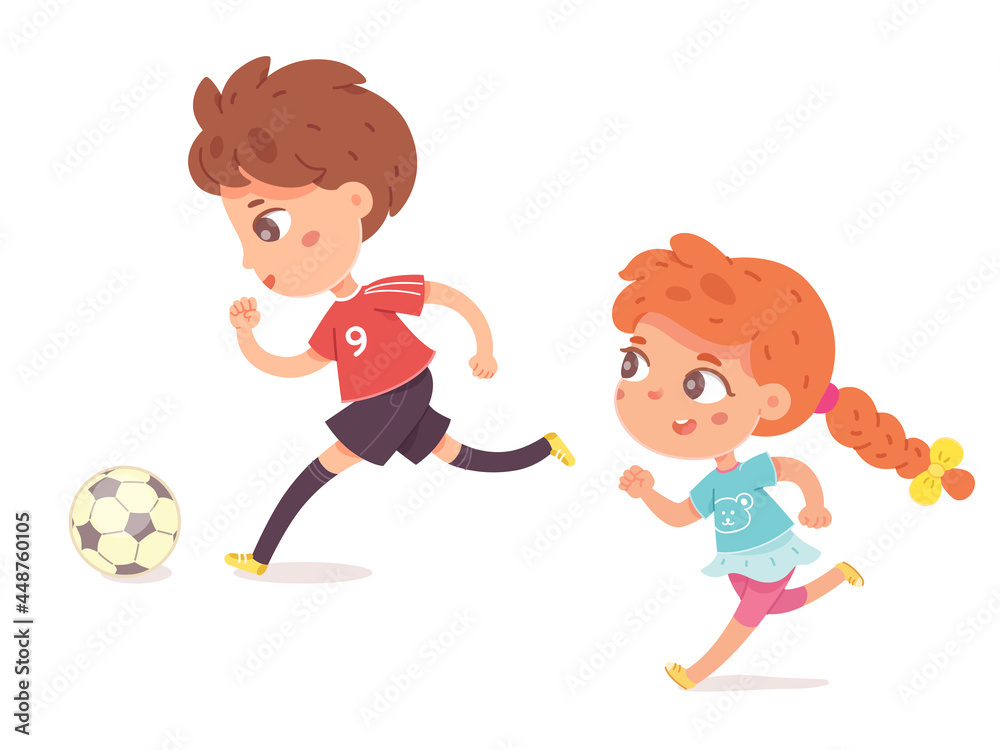 Boy and girl playing football together. Two happy little kids playing sport vector illustration. Smiling children kicking ball by foot and running isolated on white background Boy and girl playing football together. Two happy little kids playing sport vector illustration. Smiling children kicking ball by foot and running isolated on white background
