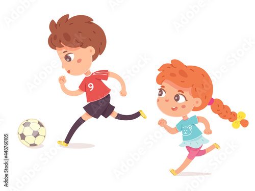 Boy and girl playing football together. Two happy little kids playing sport vector illustration. Smiling children kicking ball by foot and running isolated on white background