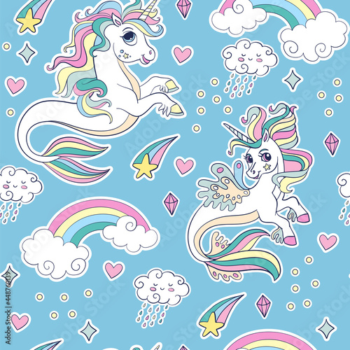 Blue seamless vector pattern with sea unicorns and magic elements