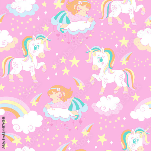 Pink seamless vector pattern with unicorns and sleeping girl