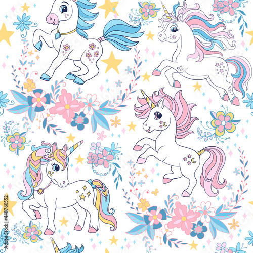 Seamless vector pattern with unicorns and floral elements white