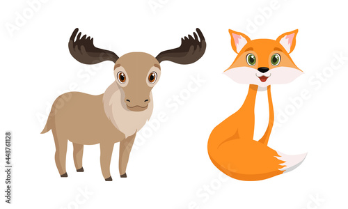 Cute Woodland Animals with Fox and Elk Vector Set © topvectors