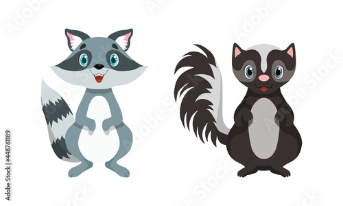 Cute Woodland Animals with Raccoon and Skunk Vector Set