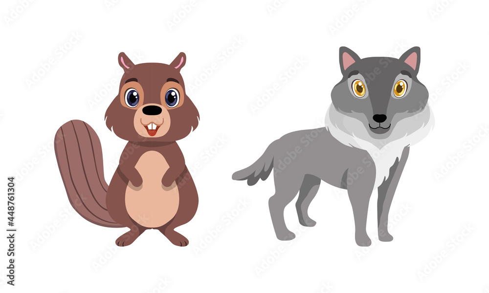 Cute Woodland Animals with Wolf and Beaver Vector Set Cute Woodland Animals with Wolf and Beaver Vector Set