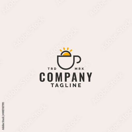 minimalist line art coffe cup with morning sun logo design.