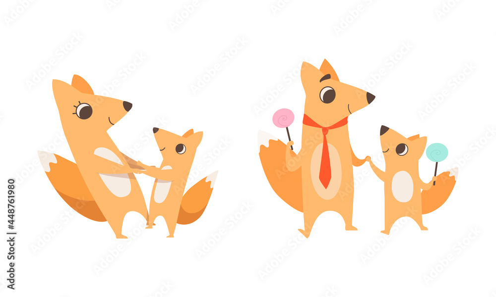 Loving Fox Mom and Dad Character with Its Cub Playing and Walking with Lollipop Vector Set Loving Fox Mom and Dad Character with Its Cub Playing and Walking with Lollipop Vector Set