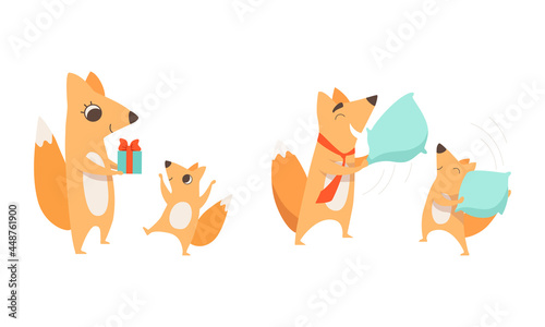 Loving Fox Mom and Dad Character with Its Cub Playing Pillow Fight and Giving Gift Box Vector Set