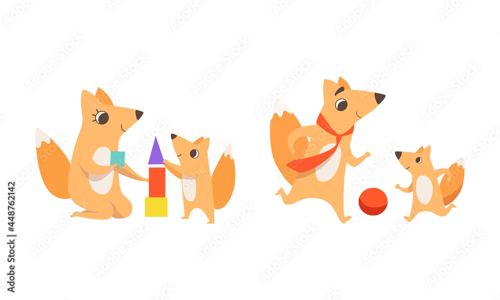 Loving Fox Mom and Dad Character with Its Cub Playing Toy Blocks and Ball Vector Set