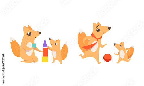 Loving Fox Mom and Dad Character with Its Cub Playing Toy Blocks and Ball Vector Set