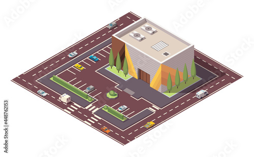 Isometric supermarket or grocery store building and street. Vector isometric icon or infographic element representing mall building with parking lot. 3D shop market for city infrastructure