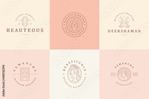 Feminine logos emblems design templates set with magic woman portraits vector illustrations minimal linear style.