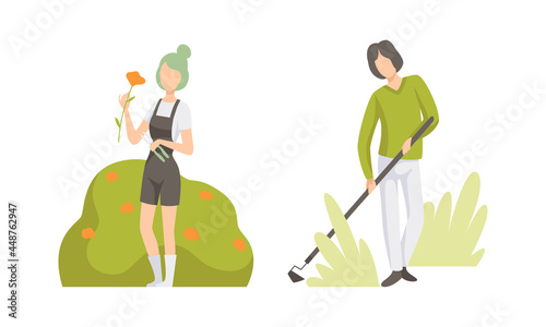 Young Woman Picking Flower and Man with Hoe Engaged in Horticulture Vector Set
