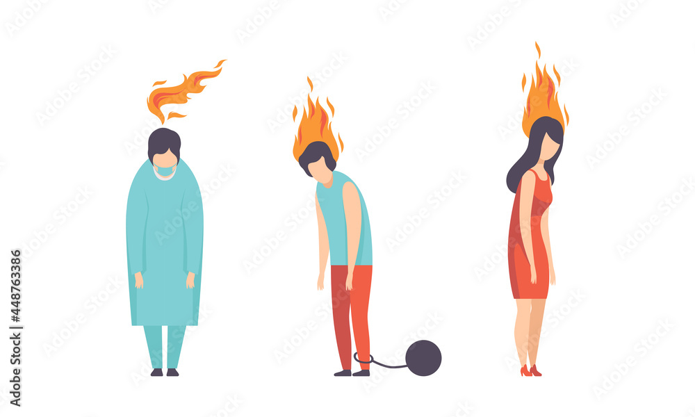 Burn out Stressed Man and Woman Feeling Fatigue and Exhaustion Vector Set Burn out Stressed Man and Woman Feeling Fatigue and Exhaustion Vector Set