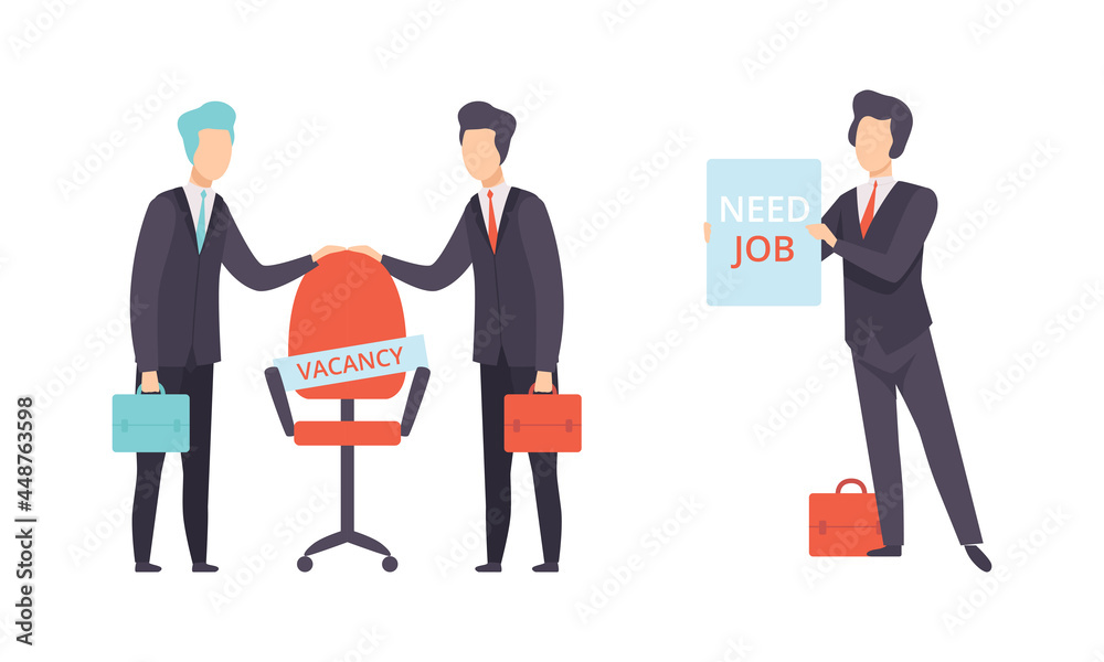 Man Character Searching for Job Standing with Placard Begging for Vacancy Vector Set Man Character Searching for Job Standing with Placard Begging for Vacancy Vector Set