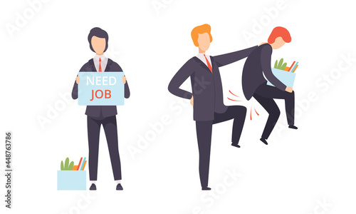 Man Character Searching for Job Standing with Banner and Fired from His Job Place Vector Set