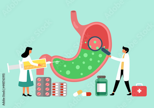 Human stomach full of gastric acid. Doctor with stomach acid reflux treatment.