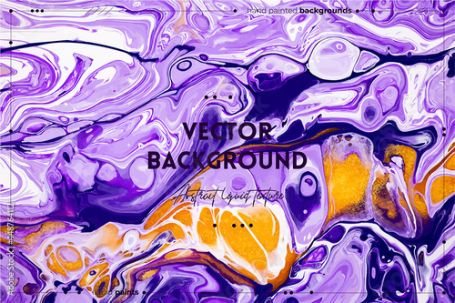 Fluid art texture. Abstract backdrop with swirling paint effect. Liquid acrylic picture with flows and splashes. Mixed paints for posters or wallpapers. Purple, white and golden overflowing colors.