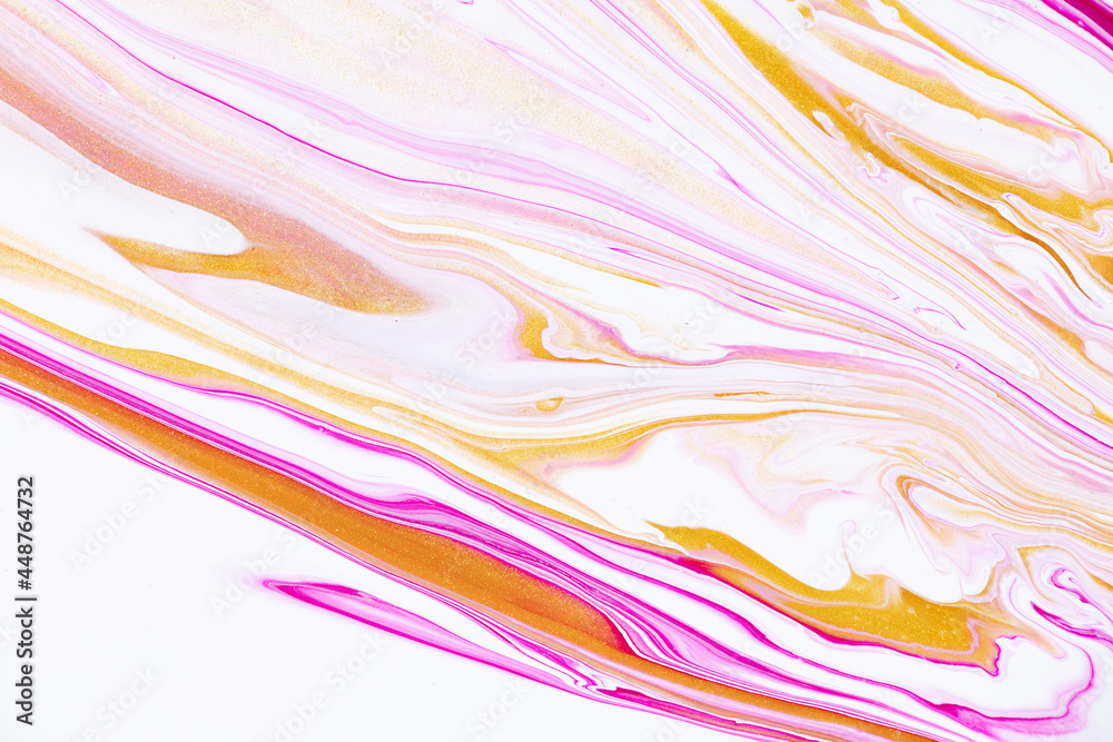 Fluid art texture. Backdrop with abstract swirling paint effect. Liquid acrylic artwork with flows and splashes. Mixed paints for baner or wallpaper. Coral, golden and white overflowing colors.